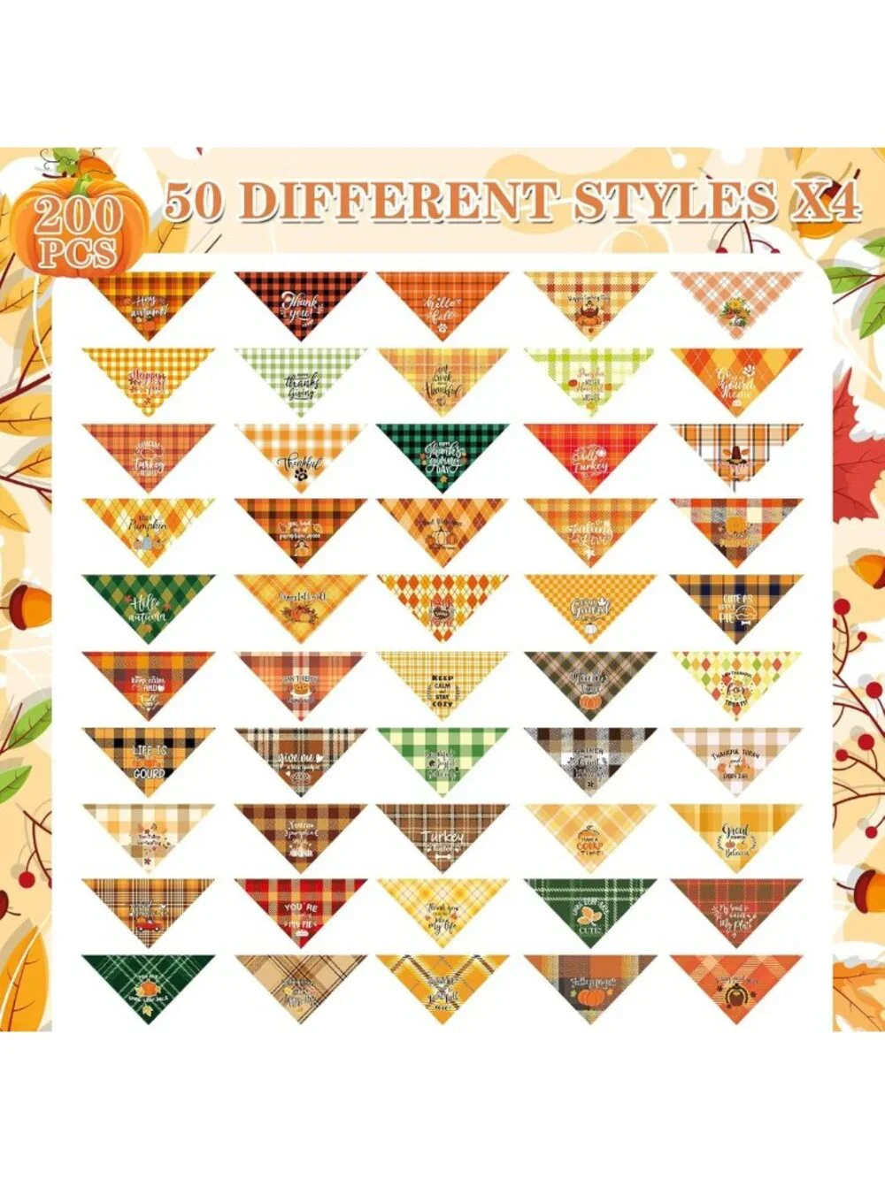 200 Pcs Fall Dog Bandanas - Thanksgiving Bibs for Small & Medium Pets